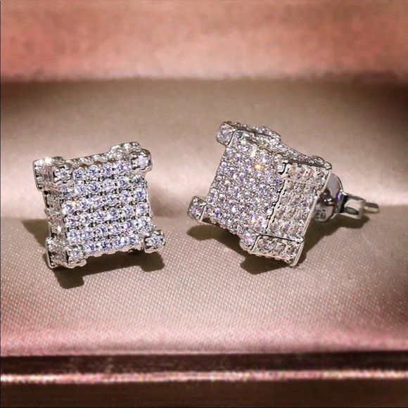 Sterling Silver Diamond Square Stud Earrings - Picture 2 of 4